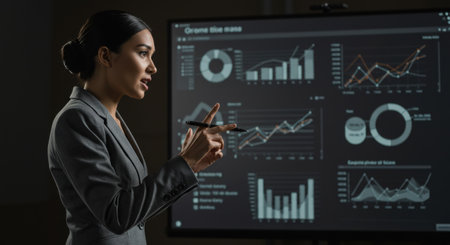 Professional businesswoman presenting data analysis on a large screen with charts and graphs during a business meeting or conference.の素材