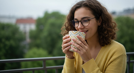 Young woman with curly hair and glasses holding a patterned mug on a balcony, smiling and enjoying a moment outdoors.の素材