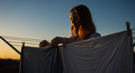 Woman hanging laundry on a clothesline outside during a warm sunset evening. Domestic chores and routine lifestyle.の素材