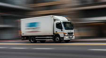 White delivery truck speeds down a city street with motion blur, representing fast transport and logistics services.の素材