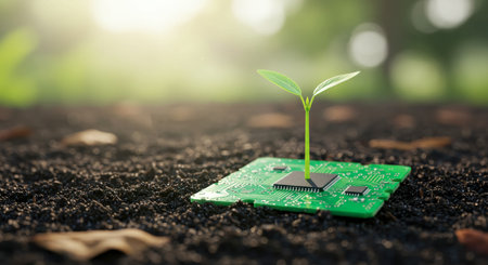 A small green seedling emerges from a green circuit board planted in dark soil, symbolizing the intersection of nature and technology, growth, innovation, and sustainable development.の素材
