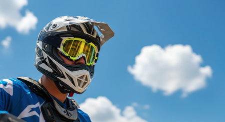 Close up low angle view of a motocross rider wearing a helmet with yellow tinted goggles and protective gear against a blue sky.の素材
