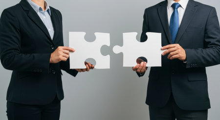 Two figures in business attire connecting two large white puzzle pieces, representing partnership, teamwork, and finding a solution.の素材