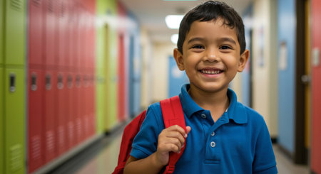 A happy young boy with a red backpack stands smiling in a colorful school hallway with lockers, ready for learning.の素材