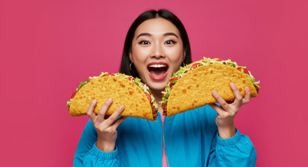 Excited young asian woman holds two large delicious tacos, mouth open in anticipation, enjoying fast food meal against vibrant pink background.の素材
