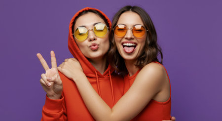 Two young women friends having fun posing together in colorful sunglasses against a purple background. One makes a peace sign, the other sticks out her tongue.の素材