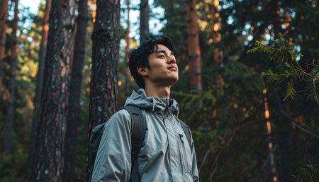 Young asian man with backpack stands in a forest looking upwards, sunlight filtering through trees, enjoying nature and fresh air.の素材