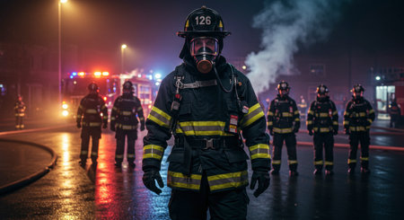A firefighter in full protective gear, helmet, and SCBA mask stands confidently at night. Other firefighters and fire trucks with flashing lights are visible in the smoky background.の素材