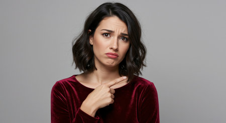 Confused young woman in red velvet top pointing index finger at herself with a questioning expression on grey background.の素材