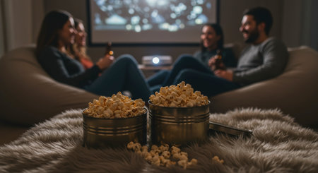 Close up of two metal tins filled with popcorn on a faux fur blanket. In the blurred background, a group of friends watches a movie on a home projector screen.の素材