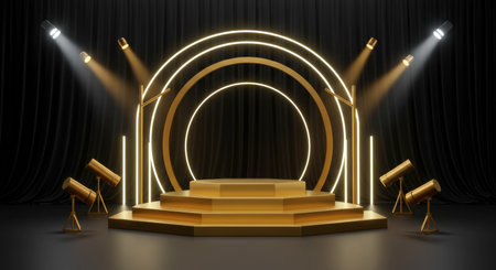 Luxurious golden tiered stage podium with steps, illuminated by bright spotlights and glowing ring lights, set against elegant black satin curtains for presentations or awards.の素材