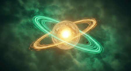 Abstract glowing sphere encircled by intersecting rings of vibrant green and orange light against a dark nebula background. Represents energy, science, and the universe.の素材