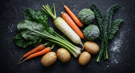 Overhead view of fresh root vegetables and leafy greens including carrots, potatoes, radish, kale, swiss chard, and broccoli on a dark surface with scattered salt.の素材