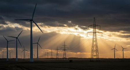 Wind turbines and electricity pylons stand silhouetted against a dramatic stormy sunset sky with sun rays breaking through clouds, representing renewable energy and power transmission infrastructure.の素材