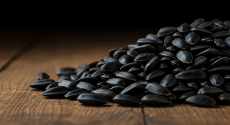 Close up view of a large pile of black sunflower seeds on a rustic wooden surface with dramatic lighting and dark background, ready for snack or ingredient use.の素材