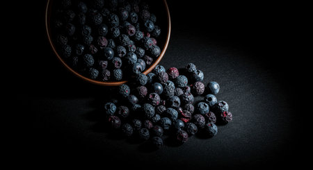 Dried wild blueberries spill from a small bowl onto a textured dark surface under dramatic directional light. Focus on dried fruit texture and dark mood.の素材