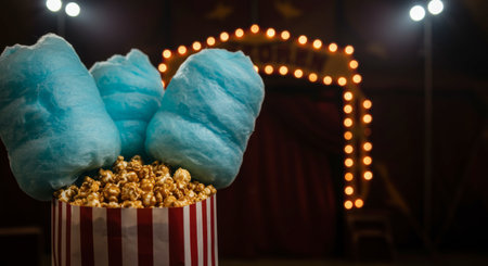 Close up of a striped paper bag overflowing with caramel popcorn and bright blue cotton candy. A blurred vintage circus tent entrance with lights is visible in the background.の素材