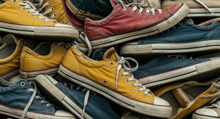 Close up view of a large pile of old, worn, and scuffed canvas sneakers in various colors like yellow, red, and blue. A vintage and retro fashion concept.の素材