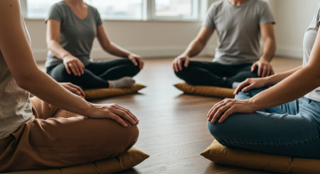 Diverse group of women and men sitting in a circle on cushions on the floor during a meditation or mindfulness session indoors.の素材