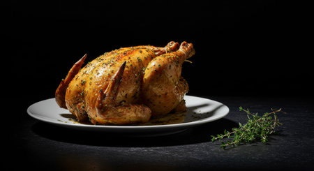 A whole roasted chicken with golden brown, herb crusted skin on a white plate. Presented on a dark surface with a sprig of thyme. Gourmet food concept.の素材