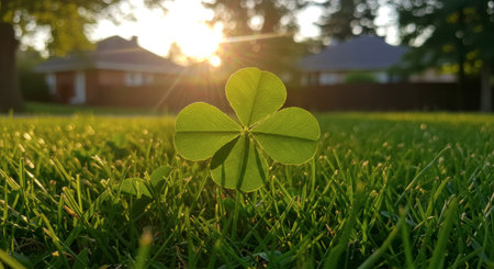A vibrant green four leaf clover stands tall in lush grass, illuminated by the warm golden light of a setting sun, symbolizing luck and fortune in nature.の素材