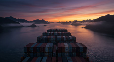 Large container ship loaded with cargo navigates through a misty archipelago at dramatic sunset. Global trade and maritime transport concept.の素材