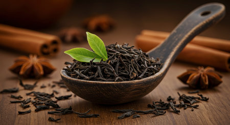 Loose black tea leaves in a rustic wooden spoon with green leaves, surrounded by cinnamon sticks and star anise on a dark wooden surface. Still life composition.の素材
