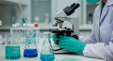 A laboratory technician examines a sample under a microscope in a science lab. Beakers and flasks with colorful liquids are on the bench. Focus on research and analysis.の素材