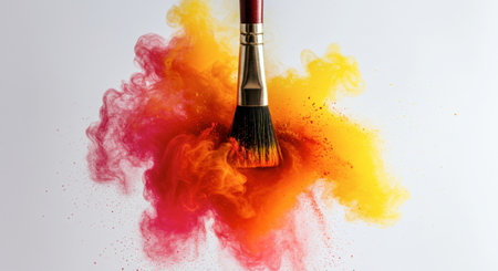An artist paintbrush swirls through vibrant red and yellow powdered pigment, creating an explosion of color and dust against a light background. Concept of art, creativity, and dynamic motion.の素材
