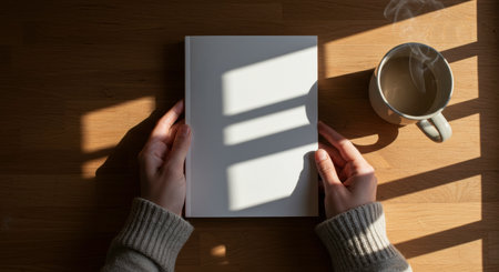 Overhead view of woman hands holding a blank white book on a wooden table. A steaming coffee cup sits nearby, illuminated by natural sunlight casting window shadows. Ideal for mockup or design concept.の素材