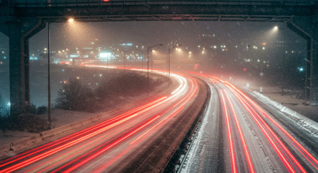 Long exposure view of red and white light trails from cars on a snow covered highway at night during a blizzard, showing fast traffic movement and city lights in the distance.の素材