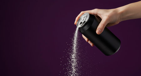 A woman hand holds a black soda can, pouring a stream of white powder, symbolizing excessive sugar content and unhealthy beverage habits.の素材