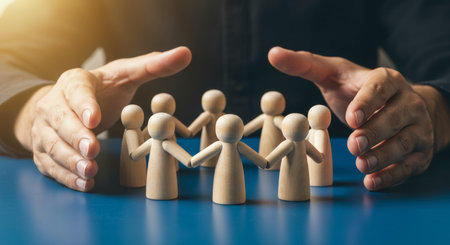Two hands shield a circle of small wooden figures holding hands on a blue surface, symbolizing protection, community, teamwork, and security for the group.の素材