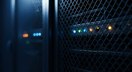 Close up view of server rack mesh door with colorful status lights glowing behind, representing data transfer and network activity in a dark data center.の素材