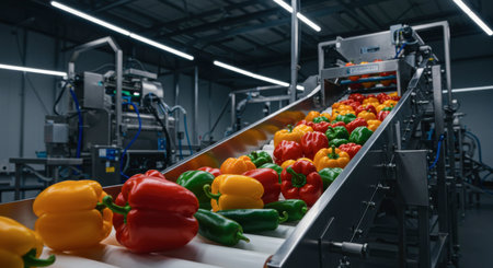 Colorful bell peppers and jalapenos move along a stainless steel conveyor belt inside a modern food processing and sorting plant.の素材