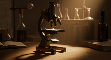 Close up low angle view of a vintage brass microscope on a wooden laboratory bench with scientific equipment and books under warm dramatic lighting.の素材