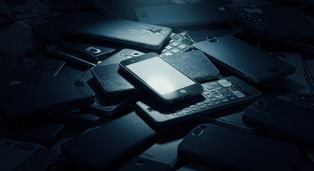Close up of discarded obsolete mobile devices. Pile of broken smartphones and old cell phones representing electronic waste and technology obsolescence.の素材