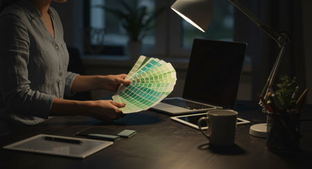 Woman holding a color fan deck, selecting green shades for a design project at a dark desk with laptop and tablet.の素材