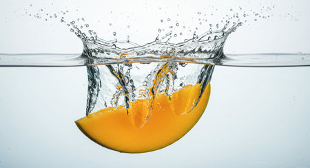Bright orange mango slice splashing into clear water creating dynamic ripples and droplets. High speed action shot of fresh fruit entering liquid.の素材