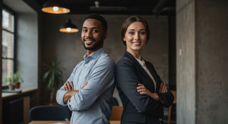 Professional man and woman standing back to back with arms crossed in a modern office, smiling confidently. Teamwork and partnership concept.の素材