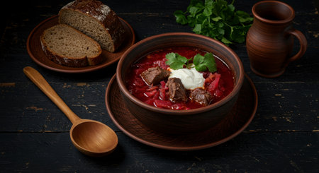 A bowl of traditional red borscht soup with meat and sour cream, served with slices of dark bread and a wooden spoon on a dark rustic table.の素材