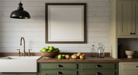 Rustic farmhouse kitchen interior with sink, brass faucet, wooden counter, fresh apples, potatoes, bottles, and an empty picture frame on the wall.の素材
