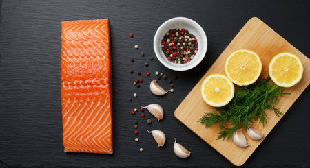Raw salmon fillet with fresh lemon slices, garlic cloves, dill, and peppercorns on a dark surface and wooden board. Healthy cooking ingredient preparation.の素材