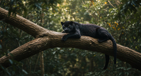 A majestic black panther rests on a thick tree branch in a dense tropical jungle, its dark fur blending with the shadows of the lush green foliage. The powerful wild cat is calm and alert in its natural habitat.の素材