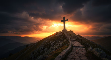 A stone cross monument stands atop a mountain peak with a winding path leading to it, silhouetted against a dramatic sunset sky with dark clouds and vibrant orange light. The scene evokes themes of faith, journey, and spiritual ascent.の素材