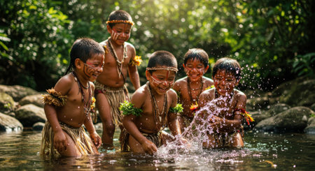 Indigenous children with face paint and traditional attire joyfully splash water in a river amidst lush green jungle, celebrating childhood and connection to nature.の素材
