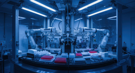 Automated robotic system performing tasks in a modern laboratory, surrounded by test tubes and scientific equipment under blue light, symbolizing advanced research and development.の素材