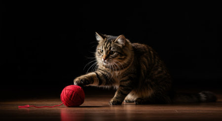 A playful tabby cat with striped fur is captured in action, batting at a bright red ball of yarn on a polished wooden floor against a dark, dramatic background. The feline paw is extended towards the colorful thread.の素材