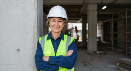 Smiling mature woman in a white hard hat and safety vest standing with arms crossed at a construction site. She is a confident professional engineer or architect overseeing building development.の素材