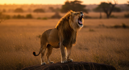 A majestic male lion with a golden mane roars loudly while standing on a rock in the African savanna during a warm sunset. The powerful predator is illuminated by the golden hour light, showcasing its strength and wild nature in the wilderness.の素材